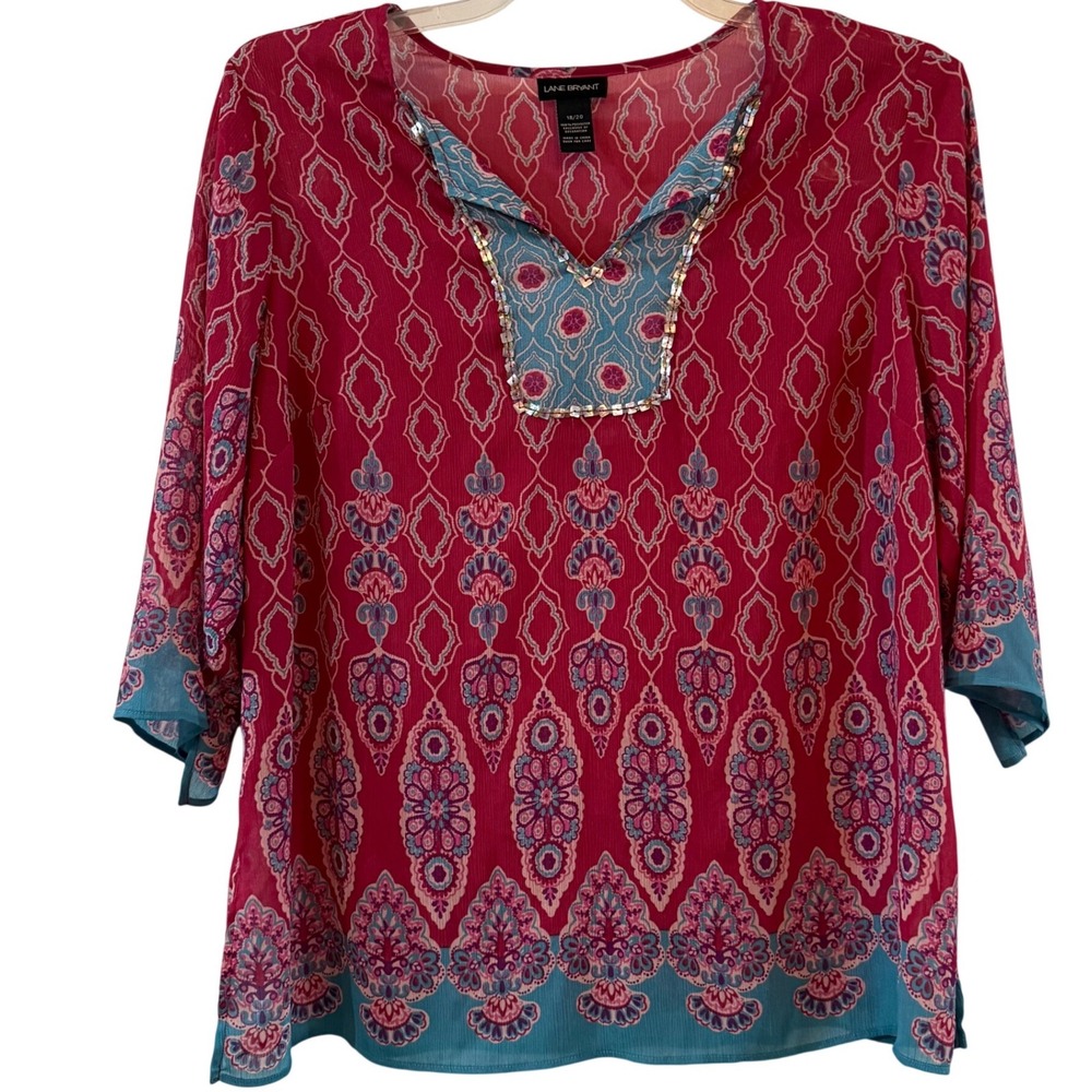 Boho Pink Turquoise Sequin  Paisley Chiffon Blouse Lane Bryant Plus Size 18